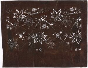  Artistic representation of white botanical elements etched into a dark brown textured background, conveying a natural scene with a dynamic contrast between the elements.