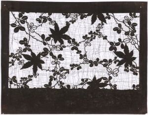  A black and white botanical pattern with grapevine-like foliage and serrated leaves, featuring a cracked texture background and a solid dark border at the bottom. The image conveys a monochromatic, antique-inspired design, emphasizing the contrast between the intricate patterns and the plain border.