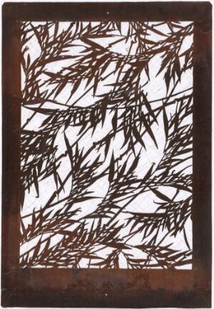  Abstract artwork with dense, jagged, dark brown lines resembling twigs or branches over a creamy white background, encased in a thin, dark border.