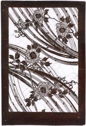  A stylized botanical print featuring detailed flowers with intricate petals on curving stems, surrounded by smaller leaves and buds, set against a dark background.