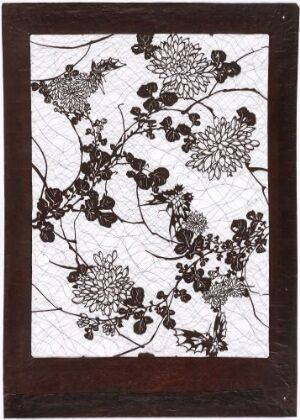  An artwork of a dark brown surface adorned with an intricate white floral pattern that spreads across with a look of natural elegance and detailed craftsmanship.