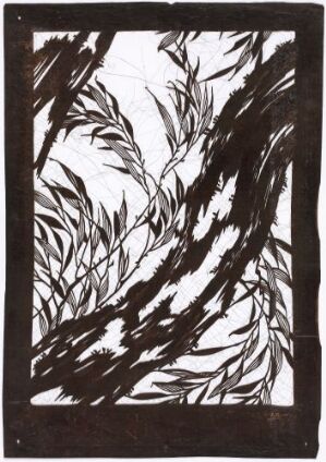  A monochromatic artwork possibly using a printmaking technique, depicting contrasting black branches with white foliage on a light-colored background, surrounded by a thin black border. Artist name and title unknown.