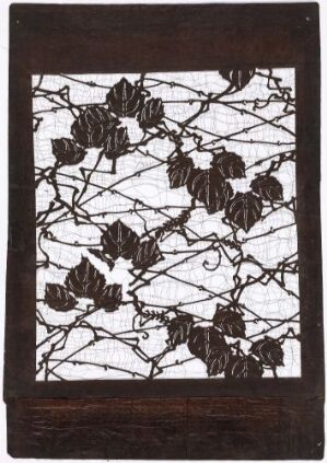  Artwork with a dark brown background featuring a white network of branch-like lines with lighter brown leaves. The pattern is organic and reminiscent of foliage against a dark backdrop.