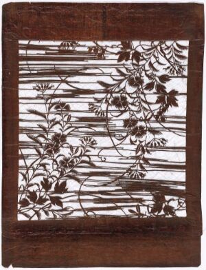  A carved wooden panel featuring a series of horizontal lines resembling blinds, with intricate floral motifs intertwined throughout, rendered in a monochromatic shade highlighting the texture and depth of the carvings.