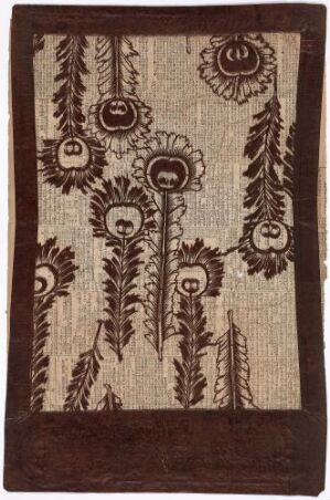  A piece of textile with a natural tan background and a repeating pattern of dark to light brown vertical stripes adorned with stylized, circular flower motifs connected by a central stem, surrounded by a darker brown border.