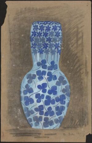  A design sketch by Andreas Schneider titled "Skisse til blåveis-vase," featuring a gouache and charcoal depiction of a vase adorned with blue floral patterns on a muted brownish-gray background, illustrating the concept phase for a ceramic vase design.