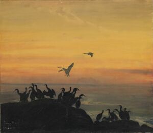  "Skarver i solnedgang" by Thorolf Holmboe, a painting depicting cormorants on a rocky outcrop against a vibrant sunset sky transitioning from deep orange to blue-gray with two birds in flight.