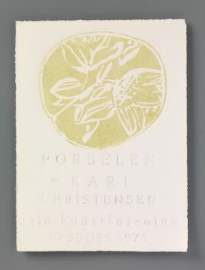  A lithograph on paper by Kari Margrethe Christensen titled "Porselen av Kari Christensen," featuring a central circular botanical design in muted yellow-olive against a white background, with the title and artist's name printed below in a modern sans-serif typeface.