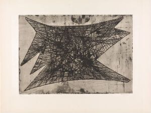  An abstract artwork by Anna-Eva Bergman titled "G 20-1955 Filet ou Icare" featuring a dark, intricately etched star-like shape on a pale beige paper, with a dense crisscross pattern creating a sense of a mesh or web, contrasting with the softer background.