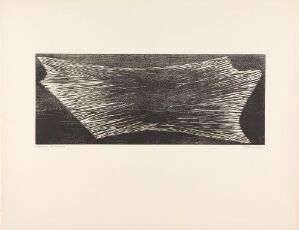  "GB 5-1957 Papillon" by Anna-Eva Bergman, a monochromatic woodcut print featuring an abstract, butterfly-like shape with detailed horizontal lines creating textural 'wings,' set against an off-white paper background.