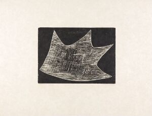  "Non titré" (1957) by Anna-Eva Bergman, a black abstract form with intricate line textures on an off-white paper background, suggestive of a stylized crown or abstract landscape.