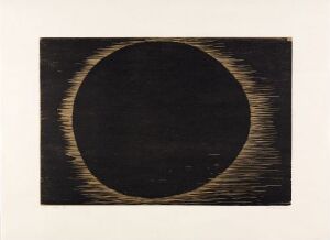  "GB 31-1967 Planète" by Anna-Eva Bergman is a minimalist woodcut print featuring a large, velvety black circle at its center surrounded by radiant, metallic gold horizontal lines on a white paper background, creating an abstract representation of a planet surrounded by its aura or orbit.