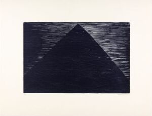  "GB 32-1967 Pyramide" by Anna-Eva Bergman is a print featuring a centered mangan blue triangular shape resembling a pyramid against a horizontally textured background with silvery strokes, representing waves on paper.