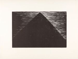  "GB 32-1967 Pyramide" by Anna-Eva Bergman, featuring a sharply defined black triangle in the center over a textured grayscale pattern which suggests rippling water, all depicted in a woodcut on paper.