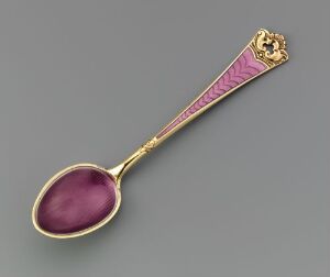  An exquisite gilded silver spoon with pink guilloche enamel on the handle and a purple enamel-coated bowl, designed by David-Andersen, set against a solid gray background.