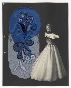  A piece of art with a cobalt blue oval-shaped form with lighter blue floral embroidery details on the left and a greyscale image of an elegantly dressed woman in a full-skirted dress on the right, set against a dark grey background.