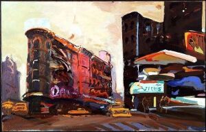  "Yellow Cabs" by Magne Rygh, an acrylic painting on canvas depicting a lively urban scene with expressive brushstrokes, featuring yellow taxis against a backdrop of rich red, brown, and purple buildings, under an overcast sky.