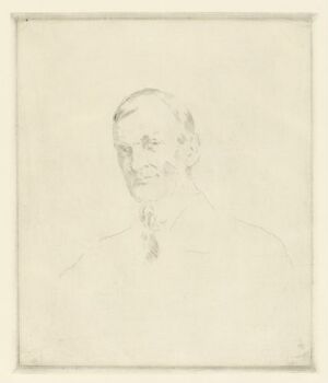  "Mannsportrett" by Henrik Lund, a light etching of a middle-aged man's portrait with subtle shading on off-white paper, displaying a soft sketch with minimal detail, surrounded by ample blank space.