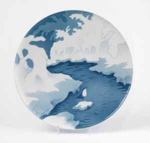  "Fossekallen," a decorative porcelain plate by Porsgrunds Porselænsfabrik AS, featuring stylized blue shades depicting a flowing river or waterfall on a white background, showcasing the dynamic movement of water through hand-painted underglaze decoration.