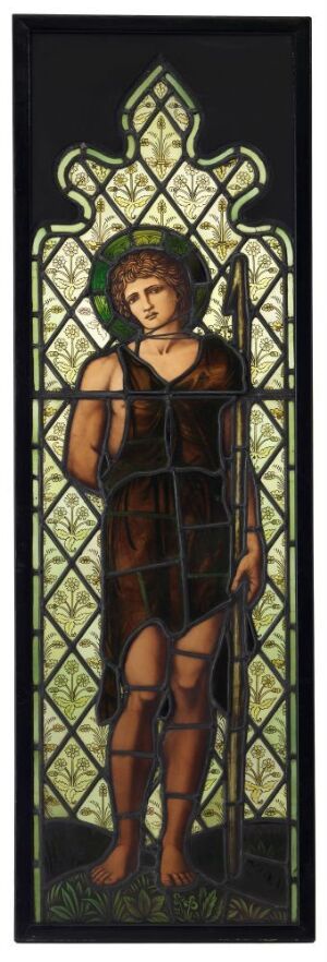  "Abel," a stained glass artwork by Sir Edward Coley Burne-Jones, featuring the biblical figure Abel as a full-length standing young man in a frame, with rich earth tone colors and a geometric golden-yellow border, his solemn expression painted in lifelike hues against a dark background, surrounded by an ornate design.