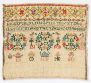  An antique sampler featuring two rows of alphabets and numbers at the top, followed by vibrant floral patterns with initials and the year '1840', and three baskets with crowns at the bottom on a beige fabric background.