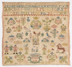  An antique sampler with multiple rows of alphabets at the top and a symmetric arrangement of pastoral and domestic scenes below, featuring human figures, animals, and a variety of plants, all intricately stitched in soft, muted colors on an off-white fabric.