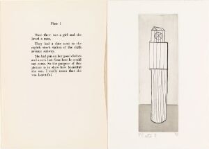  A two-page spread from Louise Bourgeois's "He Disappeared Into Complete Silence," showing a page of text on the left and a narrow, vertically oriented drawing on the right, both on an off-white paper background.