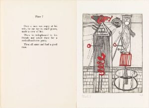  Artwork titled "He Disappeared Into Complete Silence" by Louise Bourgeois, showing a two-panel piece with left panel containing typographic text and the right panel featuring a hand-colored etching with abstract architectural elements and a simple human-like figure in shades of red, black, and creamy off-white.