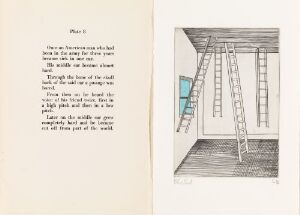  Etching titled "He Disappeared Into Complete Silence" by Louise Bourgeois featuring a tall wooden ladder reaching upwards in a sparsely detailed room, coupled with a block of text on the left side, all presented on paper with hand coloring in muted grayscale tones.