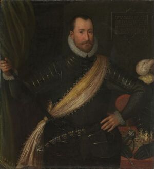  Oil on canvas portrait by Hans Knieper of a dignified man in historical dress with a black doublet and a prominent golden-yellow sash, set against a dark, indistinct background.