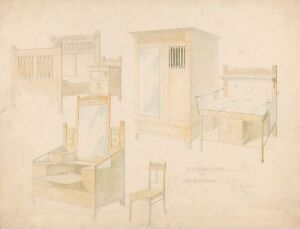  A watercolor and pencil design, titled "Tegning til soveromsmøbler" by artist Harald Olsen, featuring simplistic bedroom furniture including a bed, chair, cabinet, and vanity in muted tones of beige, cream, and pale yellow on a cream-colored paper background.