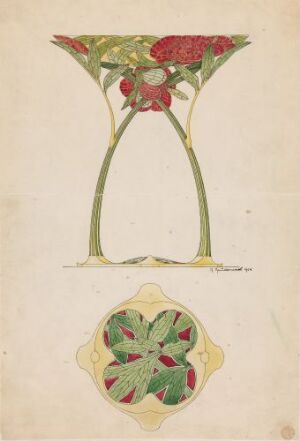  Artistic design drawing by Gustav Gaudernack titled "Tegning til peonvase," featuring a stylized vase concept with curved stems, adorned with green leaves and red peony blossoms, alongside a circular base viewed from above. The watercolor and ink design is set against an aged beige paper background.