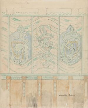  "Forslag til Væg paa Lagaasen" by Anton Fredrik Klaveness, a watercolor and pencil design on paper, featuring symmetrical, elaborate green and blue heraldic motifs in decorative panels, a frieze with soft green wave-like patterns, and a faded brown scale at the bottom.