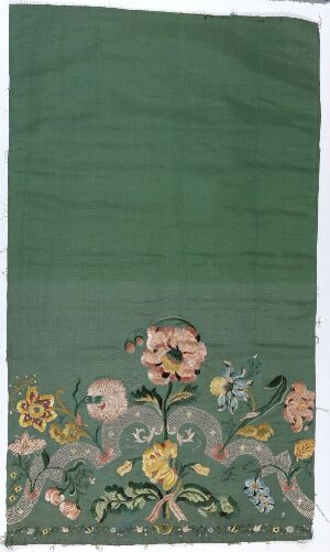  A vertical rectangular textile with a muted green background featuring a delicate bouquet of stylized flowers and leaves in soft pastel colors at the bottom, suggesting a serene, naturalistic theme.