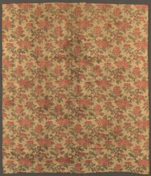  A textile with an intricate, repetitive floral pattern in shades of deep red, coral-pink, olive green, and yellowish-green on a muted beige background. The design conveys a sense of traditional elegance and is uniformly spread across the entire fabric. Artist name and title are unknown.