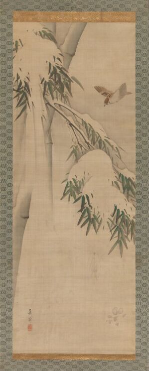  A narrow vertical painting in muted tones of beige, gray, and subtle greens depicting gracefully curving bamboo stalks and small birds perched on the branches, framed by a patterned border suggesting East Asian artistic influence.