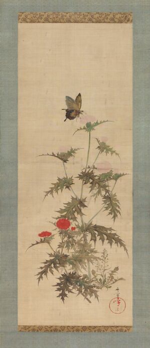  A traditional East Asian painting on a vertical scroll, featuring a bamboo plant with green leaves and red berries, and a small brown bird perched on the bamboo. The background is pale beige, with a red artist's seal at the bottom right.