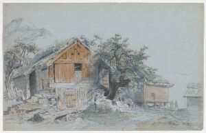  Architectural drawing by Hermann Schirmer titled "På gården Helland i Hardanger", depicting a traditional Norwegian farmhouse surrounded by trees, using pencil, watercolor, and gouache on colored cardstock with a palette of earthy tones and subtle shadowing to convey a serene rural atmosphere.