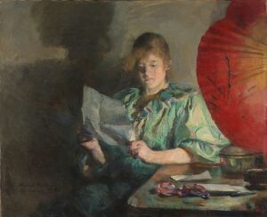 
 An oil painting on canvas by Harriet Backer depicting a young woman in a green dress sitting and reading, with the attention drawn to a red lampshade to her right, set against a backdrop of soft, muted colors.