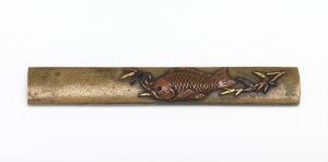  An elongated, metal decorative bar with a patina finish featuring a raised, detailed carp figure swimming among etched waves and foliage, with a blend of gold, brown, and copper tones.