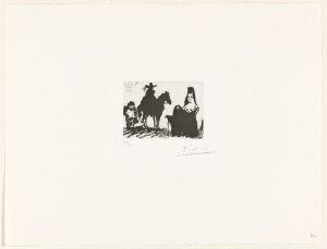  "Cavalier et son valet, célestine et maja" by Pablo Picasso, a sugar aquatint on paper depicting a scene with four figures in monochromatic shades. A small valet or servant stands to the left of a horse, upon which a cavalier is mounted, shown sitting upright. To the right, two women, a seated célestine and
