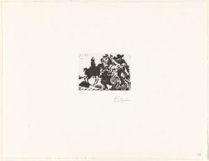  Monochrome aquatint by Pablo Picasso titled "Kavaler bortfører kvinne ved hjelp av en soldat," showing abstract figures in a dramatic scene, with a cavalier involved in abducting a woman assisted by a soldier, portrayed with expressive lines and contrasting shades on white paper.