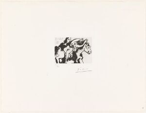  A fine art print titled "Bortførelse til hest" by Pablo Picasso, depicting a simplified, abstract scene in monochrome with a rearing horse and human-like figures, created using sugar aquatint on paper, displaying Picasso's signature below the central imagery.