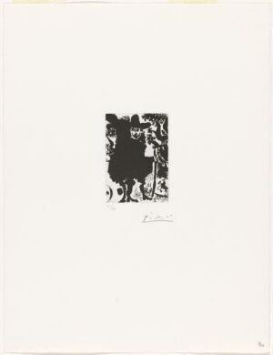  Black-and-white print "Ung kvinne med gammel ektemann. I hagen i det fjerne den ridende elskeren" by Pablo Picasso, depicting an abstract scene with contrasting dark and light shapes on paper, showcasing Picasso's distinctive abstract style in monochrome.
