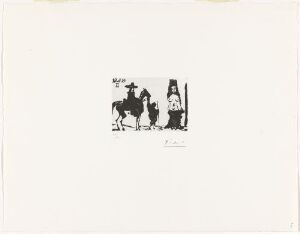  A fine art print titled "Maja og rytter" by Pablo Picasso displaying a monochrome composition with black figures on a white background. The image features a depiction of a horse with a rider, a person on foot with a tall hat, and two more individuals, one of whom has pronounced feminine features. The piece utilizes strong, confident lines and varies in thickness, creating a sense of depth and movement with minimal color usage.