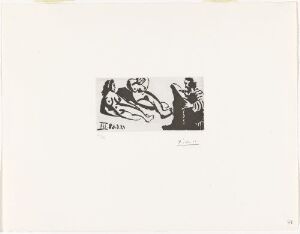  "Malende eller skrivende mann, med to kvinner" by Pablo Picasso is a monochromatic sugar aquatint on paper featuring an abstract depiction of a male figure in the center, possibly painting or writing, flanked by two stylized female figures, all composed using bold lines and geometric shapes against a plain background.