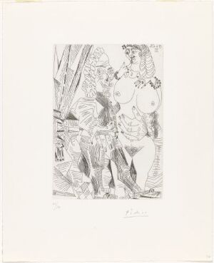  A black and white etching by Pablo Picasso titled "Fet kurtisane og gammel kjekkas", depicting abstract figures with bold lines on paper, showcasing Picasso's distinctive style in monochromatic tones.