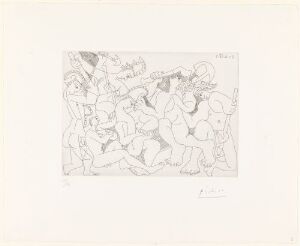  "Gladiatorleker" by Pablo Picasso - A monochromatic etching on paper featuring a dynamic composition with numerous figures in various poses of combat and motion, captured in Picasso's distinct line art style.