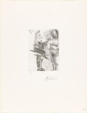  Etching by Pablo Picasso titled "Kunstner maler modellens bryst" showcasing an artist painting a model. The black and white image captures the expressive line work and interaction between the characters in a monochrome palette.