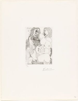  Black and white etching by Pablo Picasso titled "Fet prostituert på fanget til en skjegget mann" depicting an abstracted voluptuous female figure sitting on the lap of a bearded